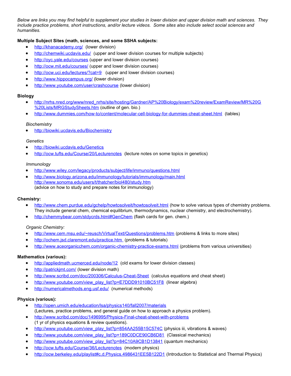 Multiple Subject Sites (Math, Sciences, and Some SSHA Subjects