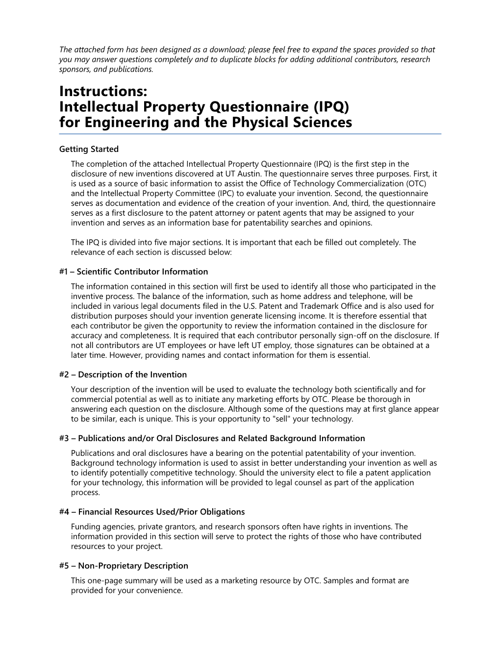 Intellectual Property Questionnaire - Eng/Phys