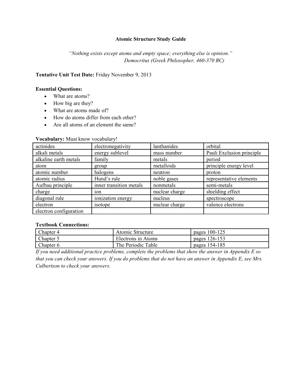 Atomic Structure Study Guide