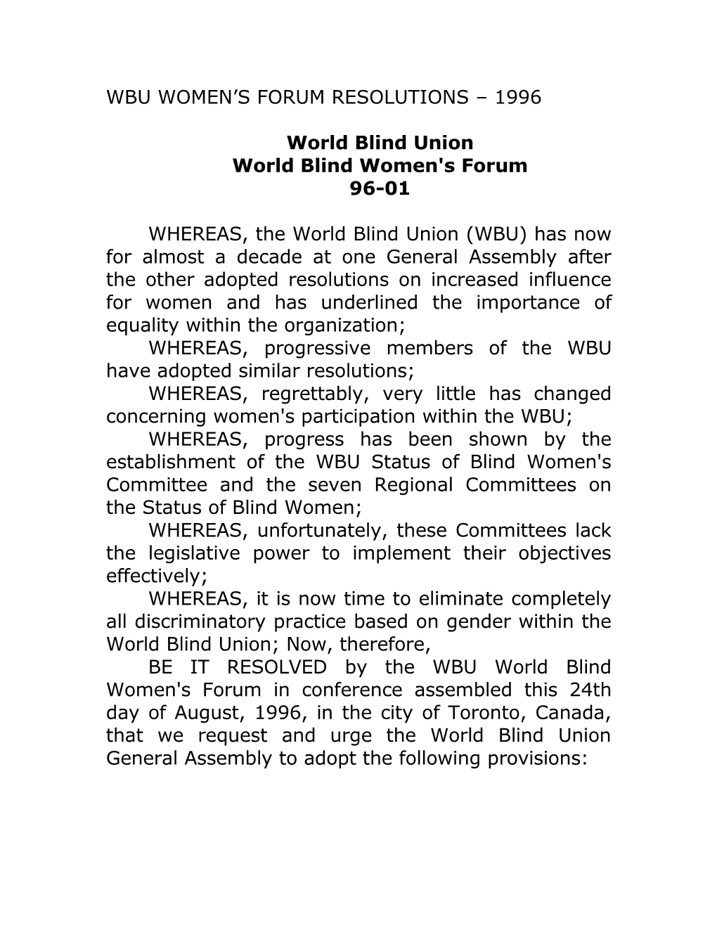 Wbu Women S Forum Resolutions 1996