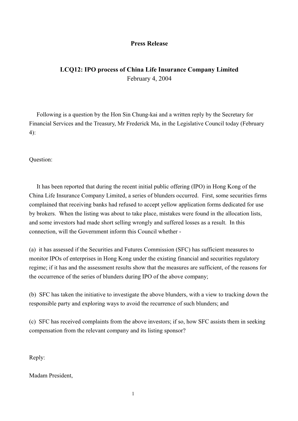 LCQ12: IPO Process of China Life Insurance Company Limited (5