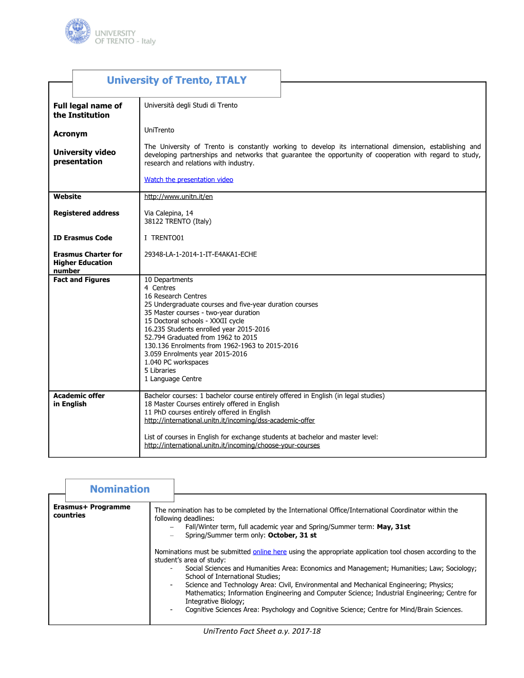 Unitrento Fact Sheet A.Y. 2017-18