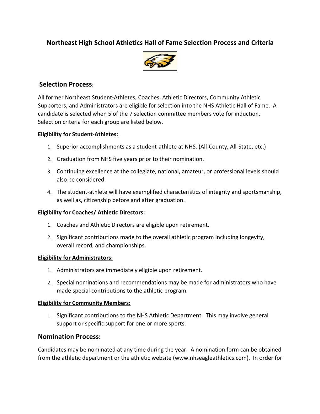 Northeast High School Athletics Hall of Fame Selection Process and Criteria