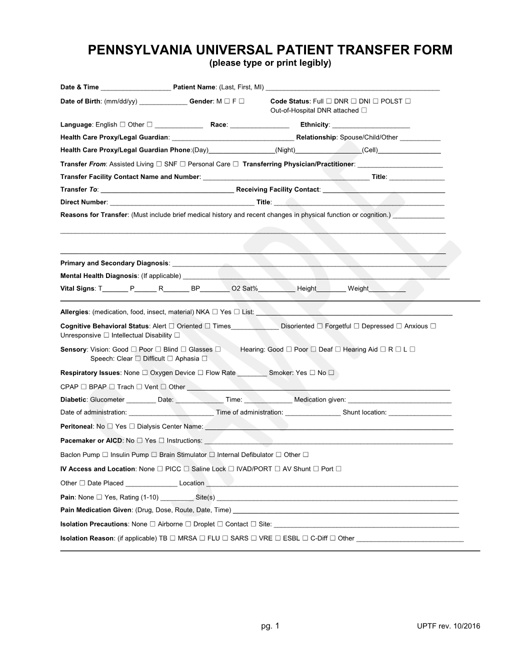 Pennsylvania Universal Patient Transfer Form