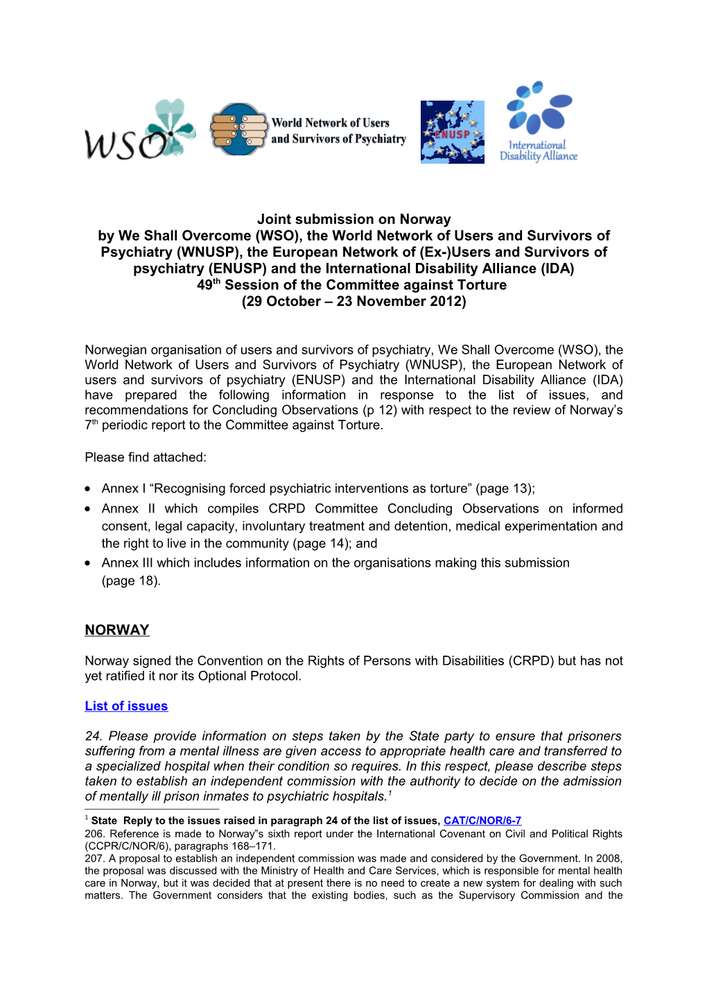 Joint WSO, ENUSP, WNUSP & IDA Submission on Norway