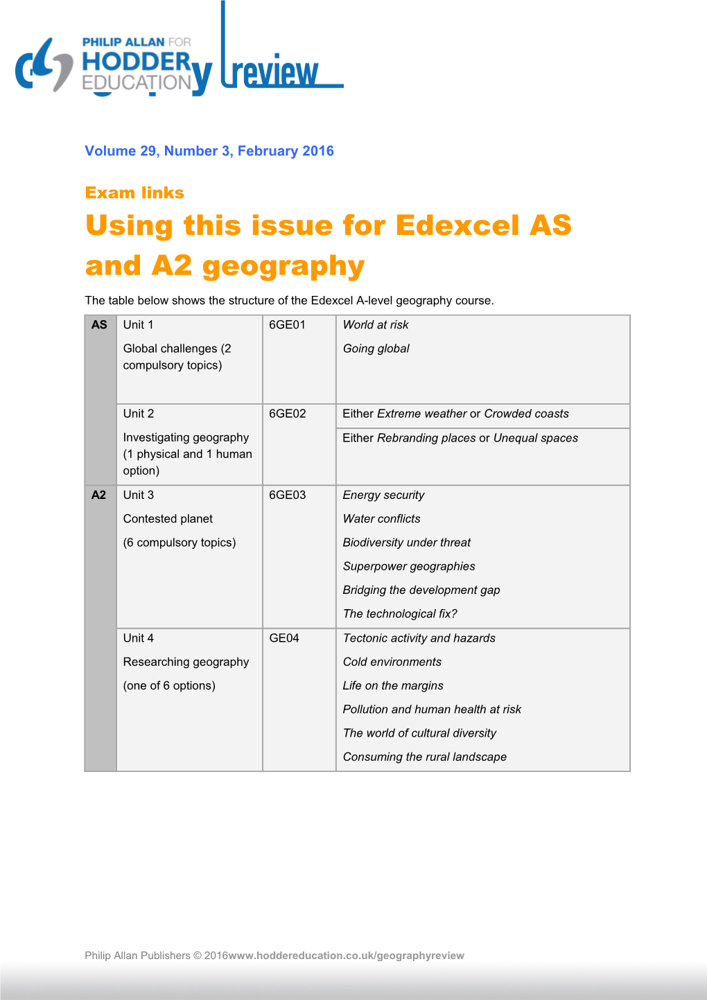 Using This Issue for Edexcel AS and A2 Geography