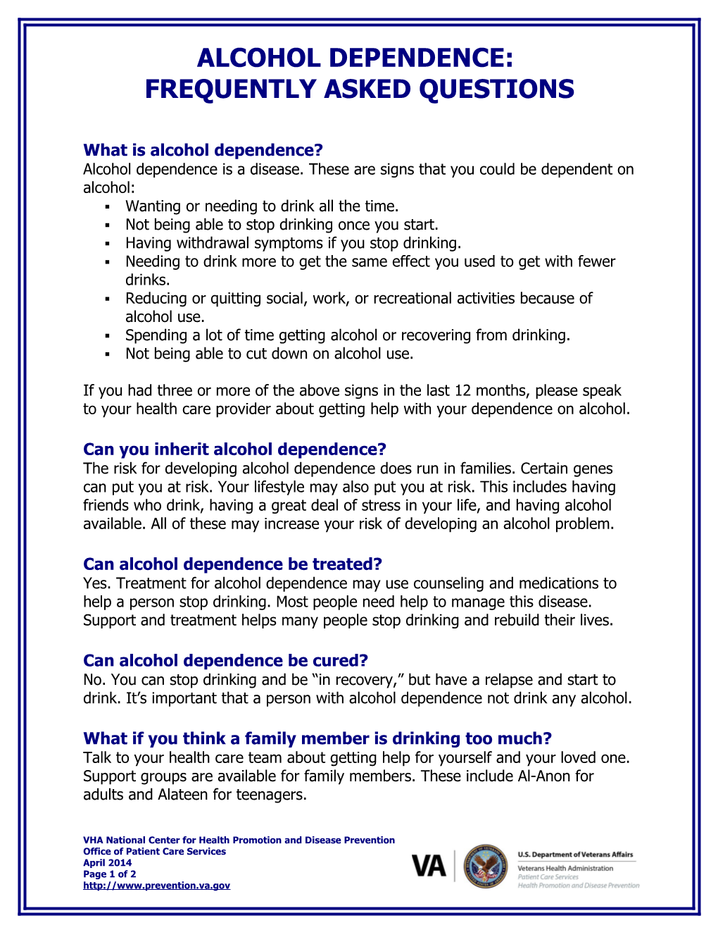 Alcohol Abuse and Dependence -FAQ (Department of Veterans Affairs)