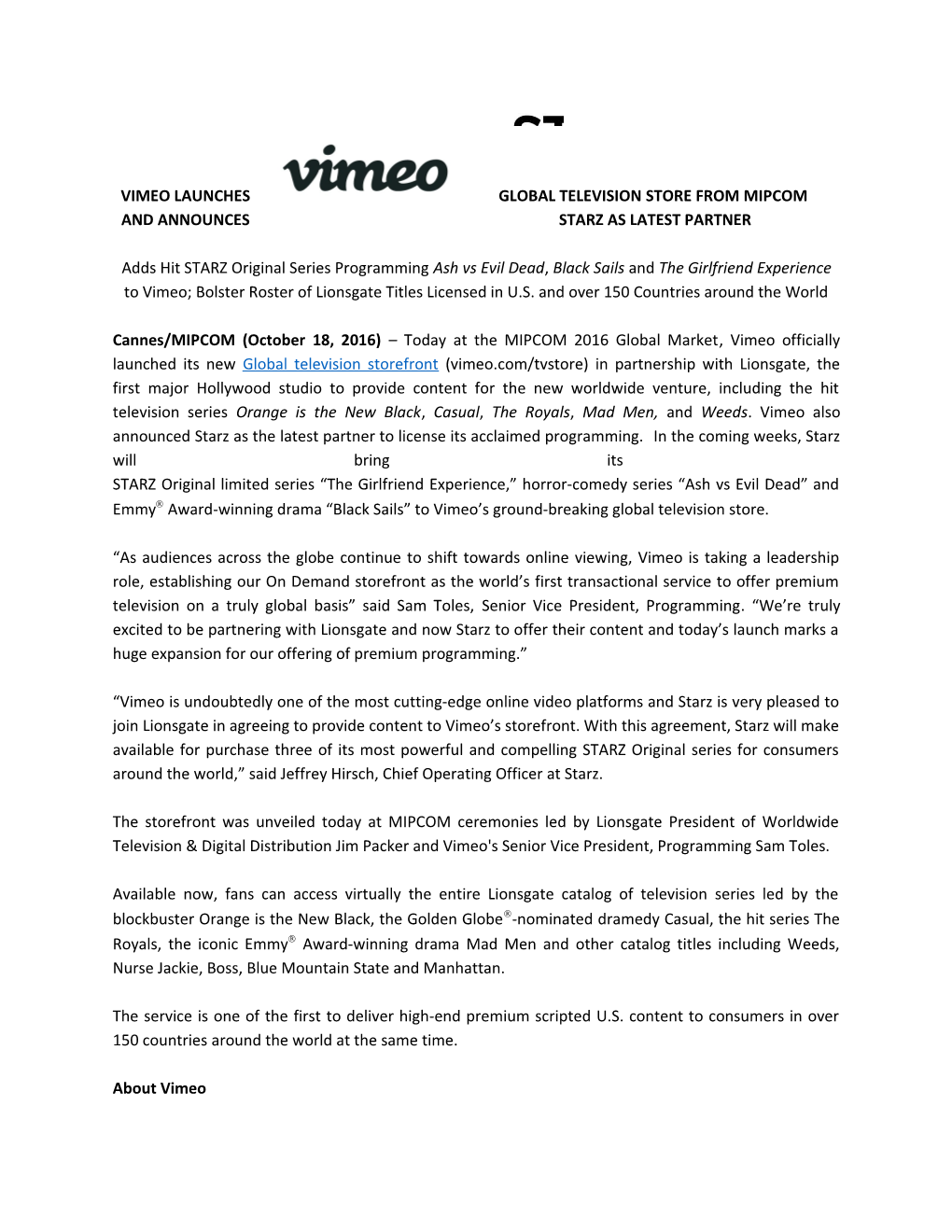 Vimeo Launches Global Television Storefrom Mipcom