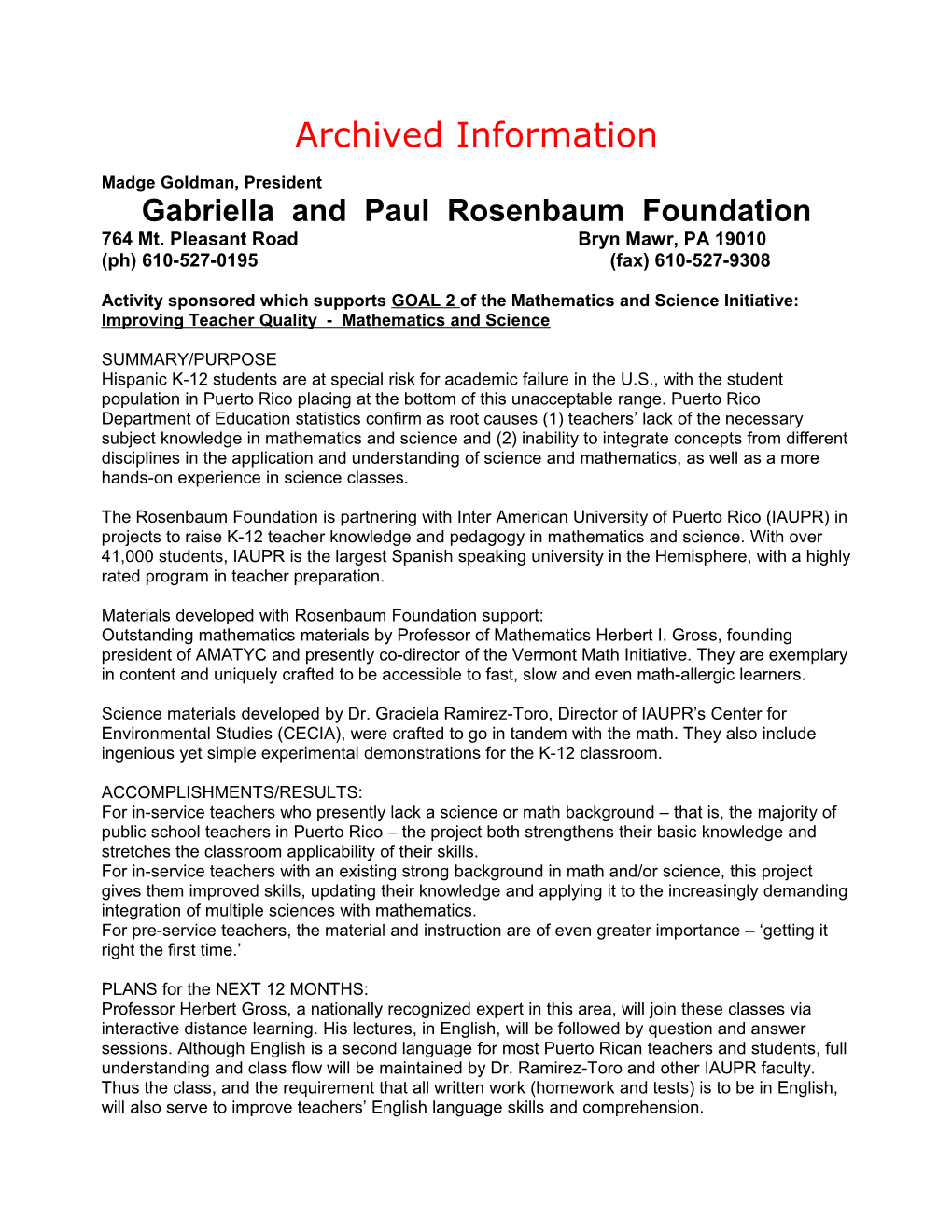 Archived: Gabriella and Paul Rosenbaum Foundation