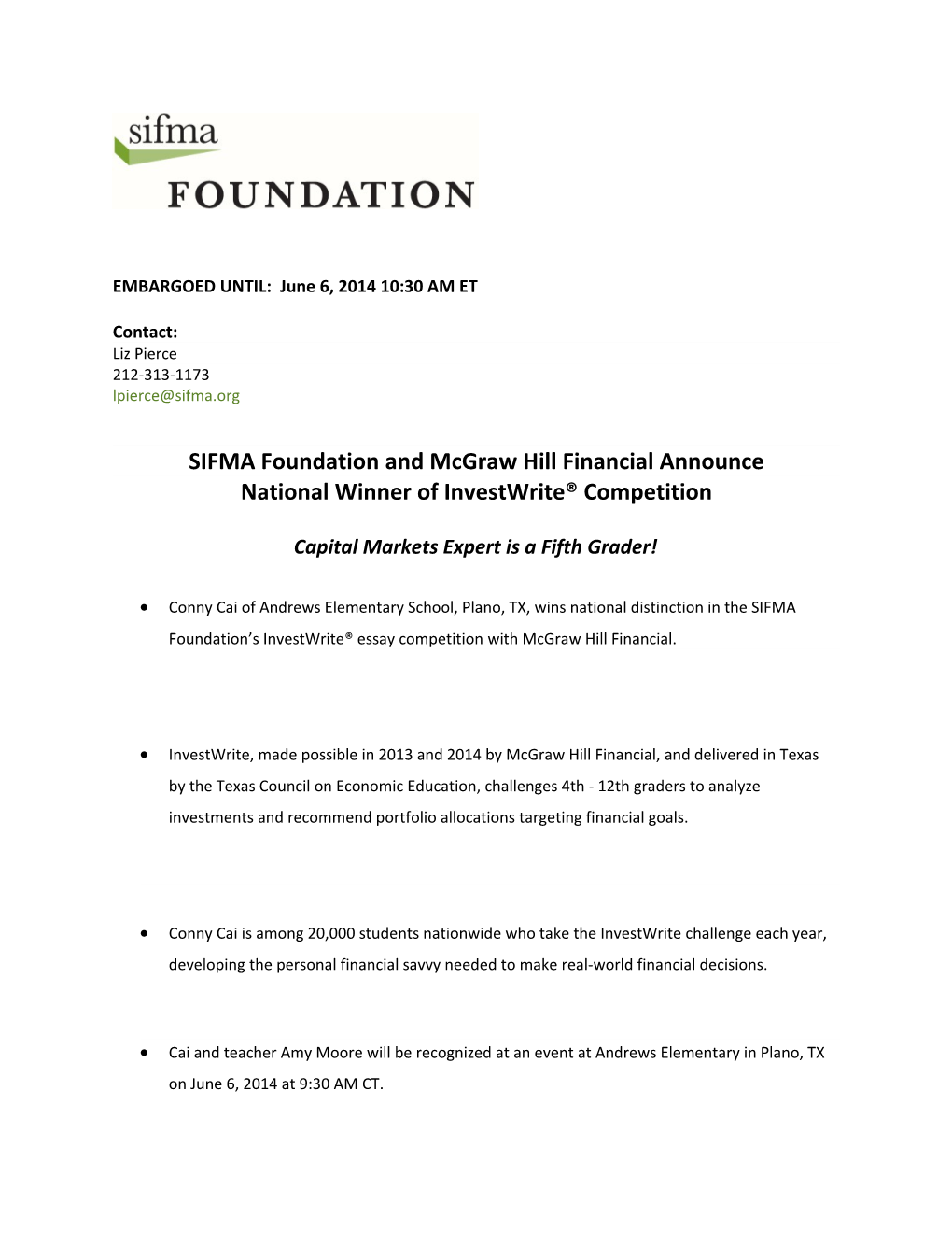 SIFMA Foundation and Mcgraw Hill Financial Announce