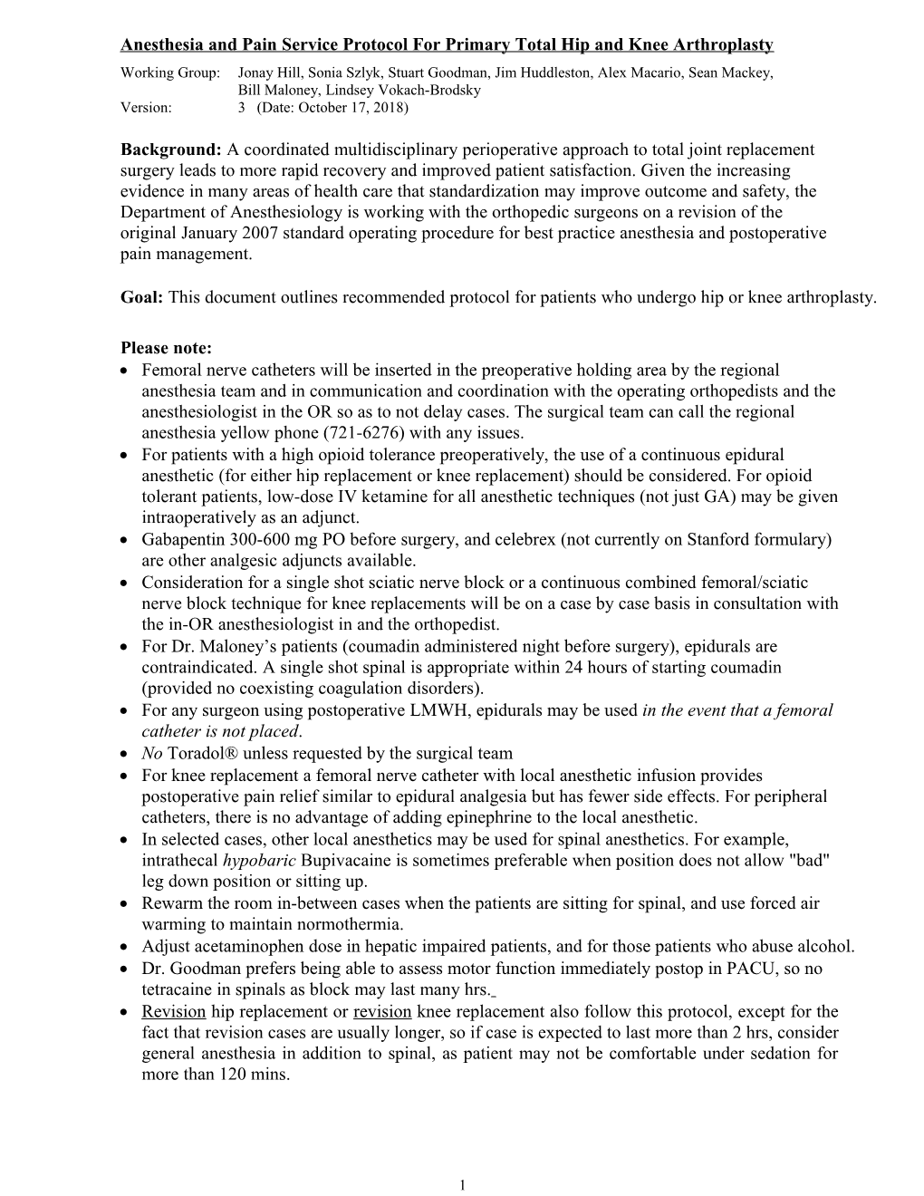 Anesthesia and Pain Service Standard Operating Procedure (SOP) for Hip and Knee Arthroplasty