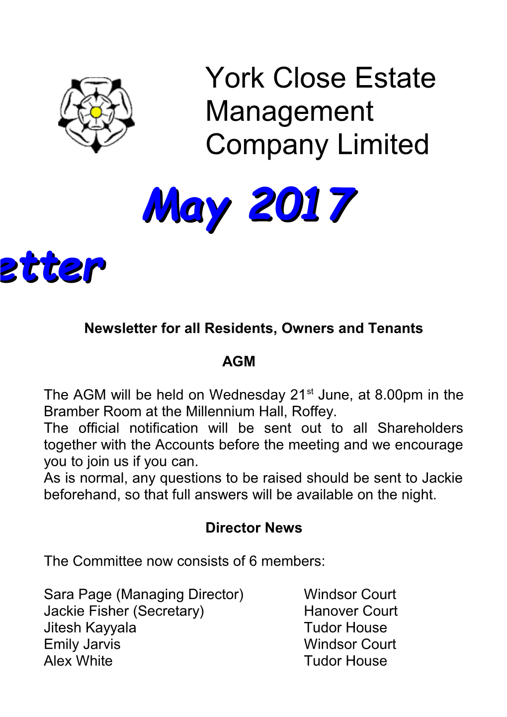 Newsletter for All Residents, Owners and Tenants