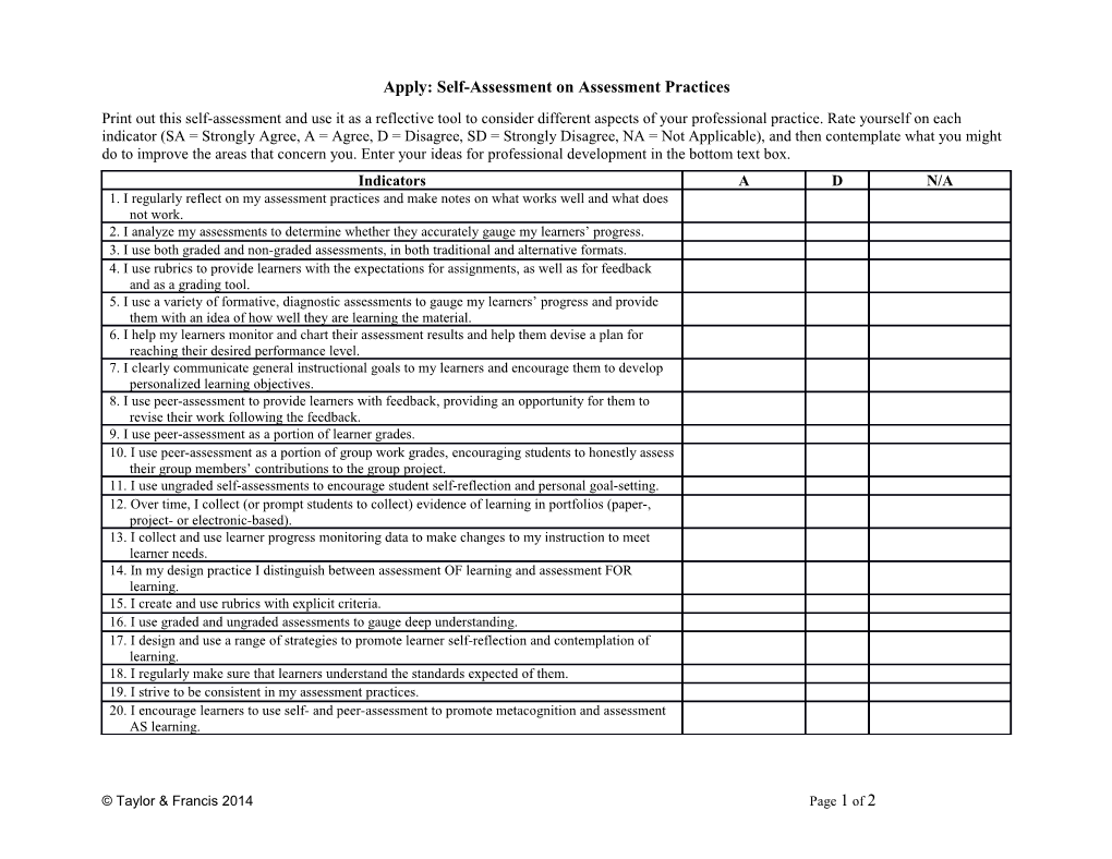 Apply: Self-Assessment on Assessment Practices