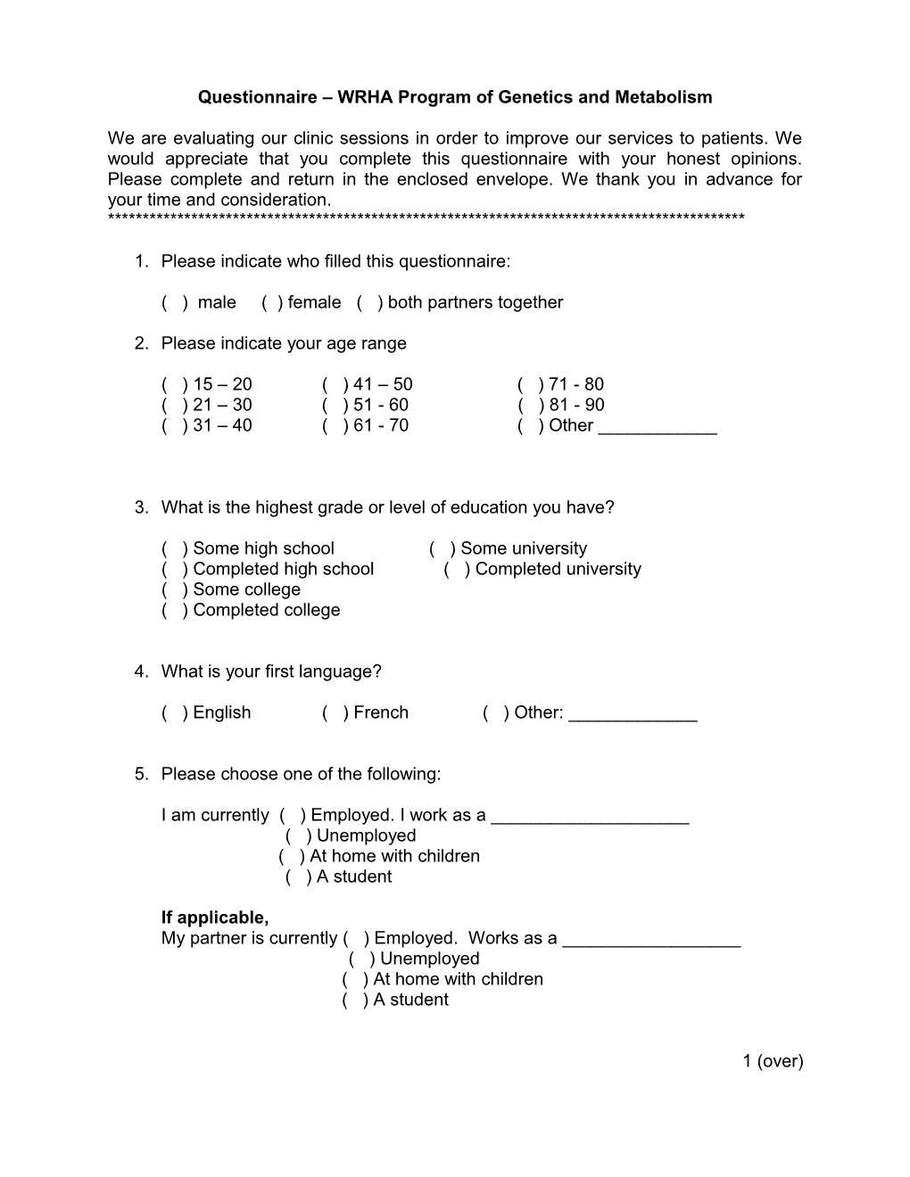 Questionnaire WRHA Program of Genetics and Metabolism