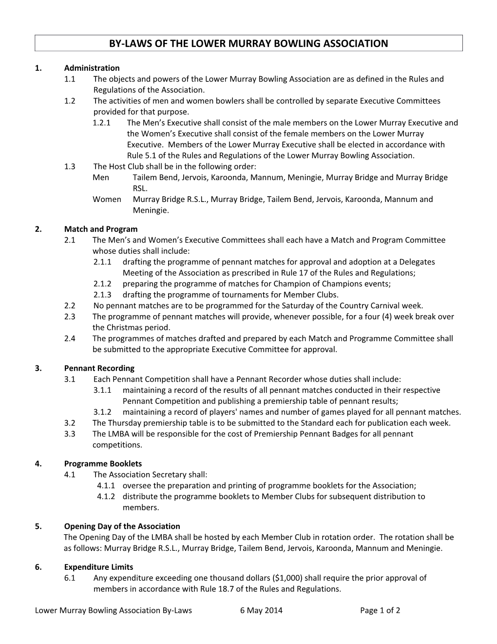 Lower Murray Bowling Association By-Laws