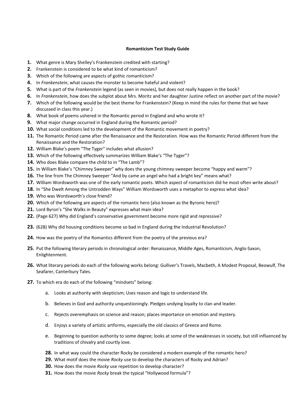 Romanticism Test Study Guide