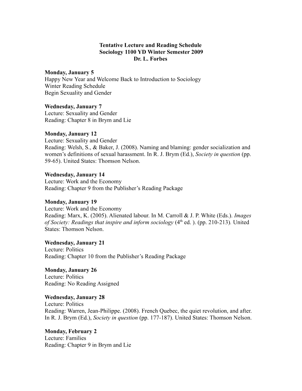 Tentative Lecture and Reading Schedule