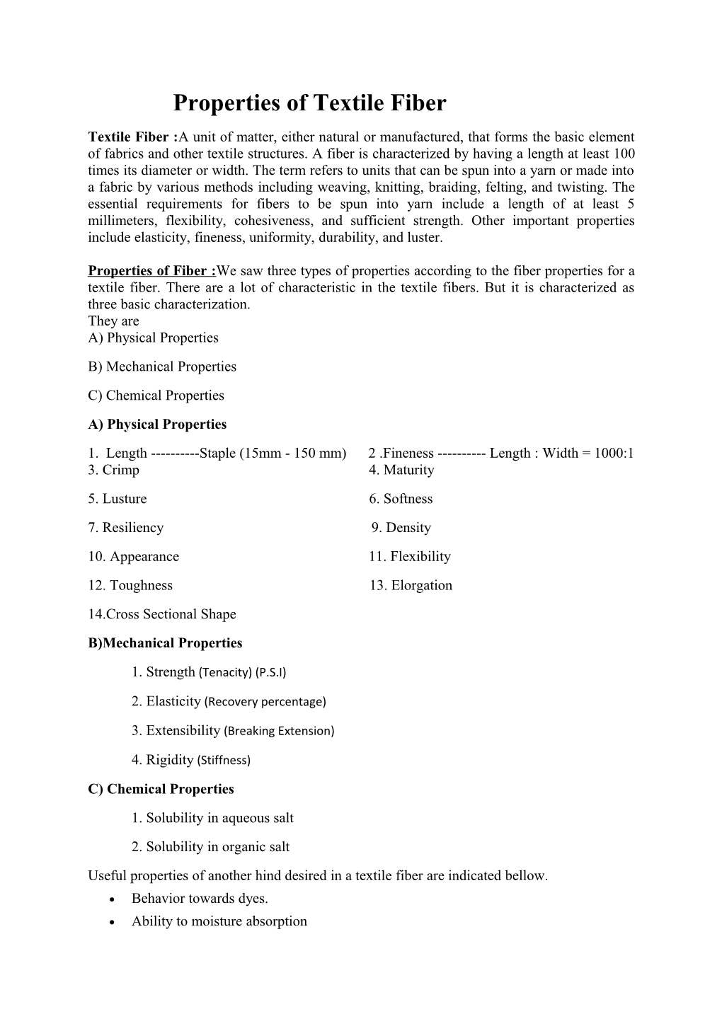 Properties of Textile Fiber