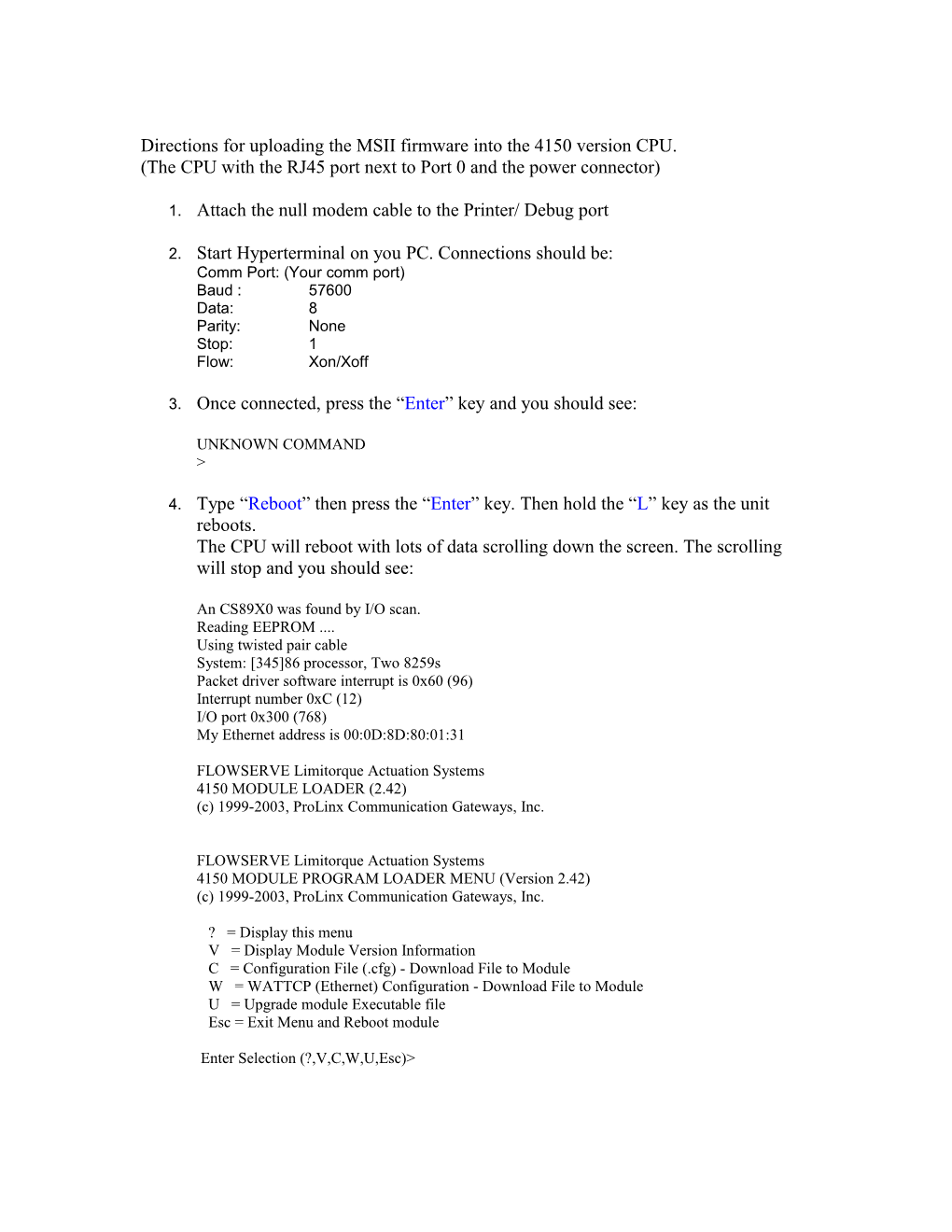 Directions for Uploading the MSII Firmware Into the 4150 Version CPU