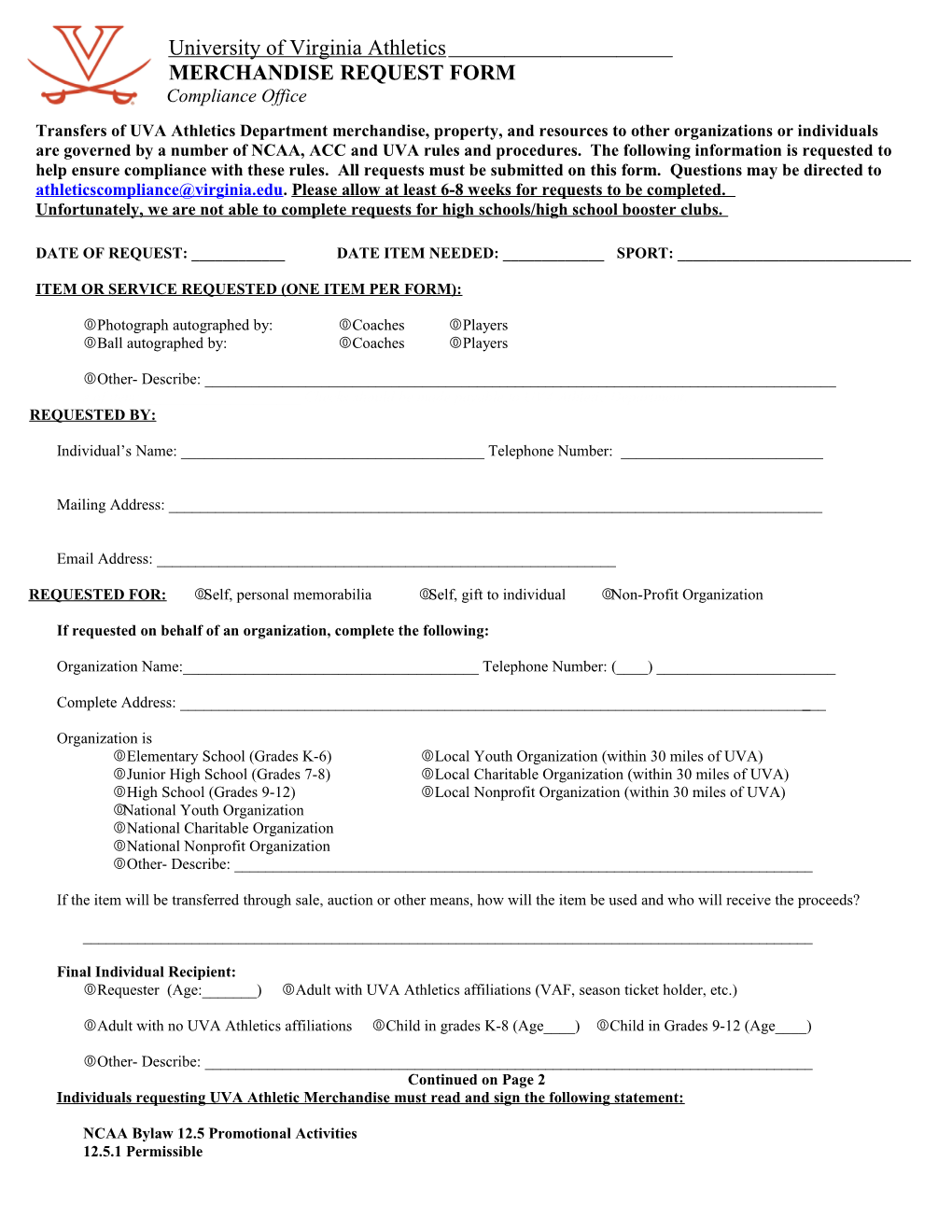 Virginia Athletic Merchandise Request Form