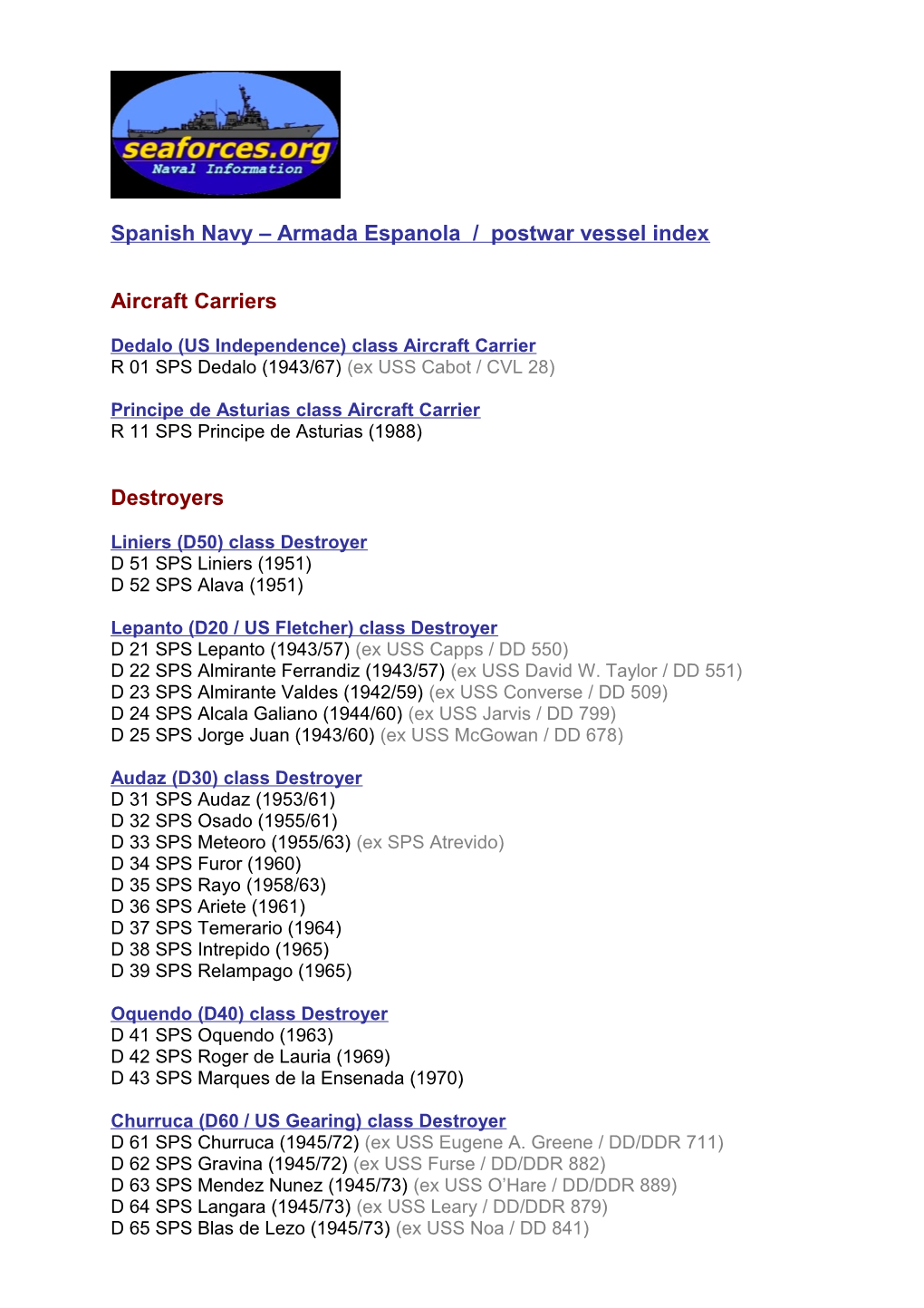 Spanish Navy Armada Espanola - Vessel Index - Seaforces Online