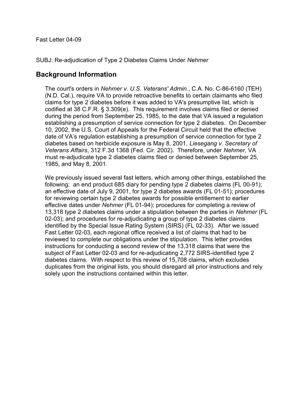 SUBJ: Re-Adjudication of Type 2 Diabetes Claims Under Nehmer