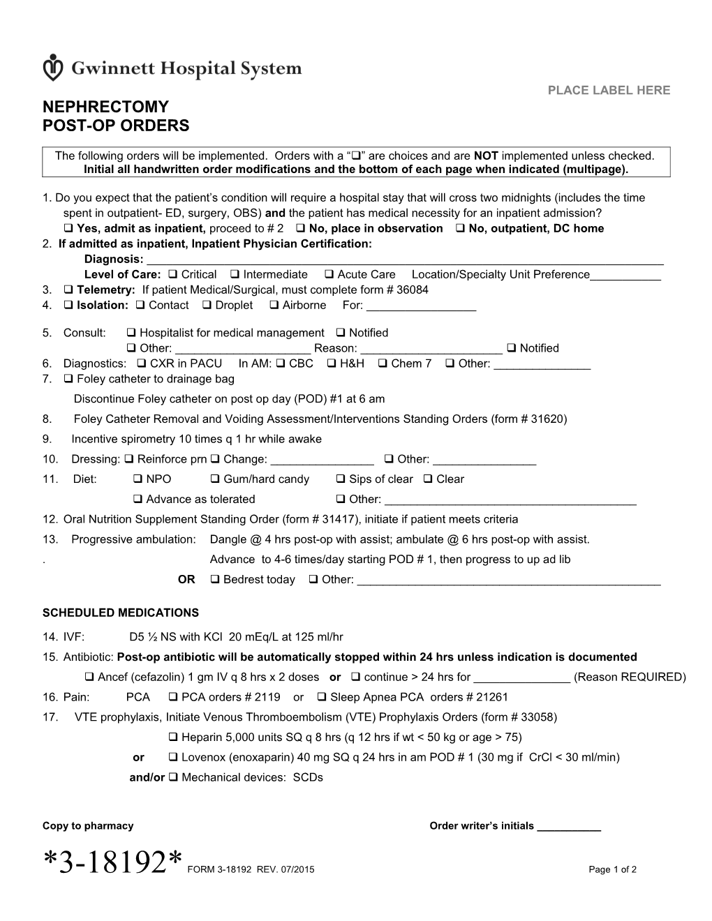 Nephrectomy Post-Op Orders