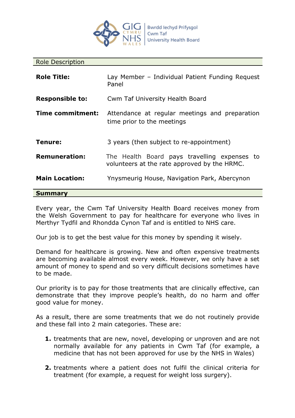 Role Title:Lay Member Individual Patient Funding Request Panel