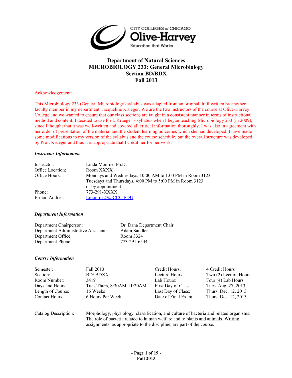 MICROBIOLOGY 233 Syllabus BD/BDX