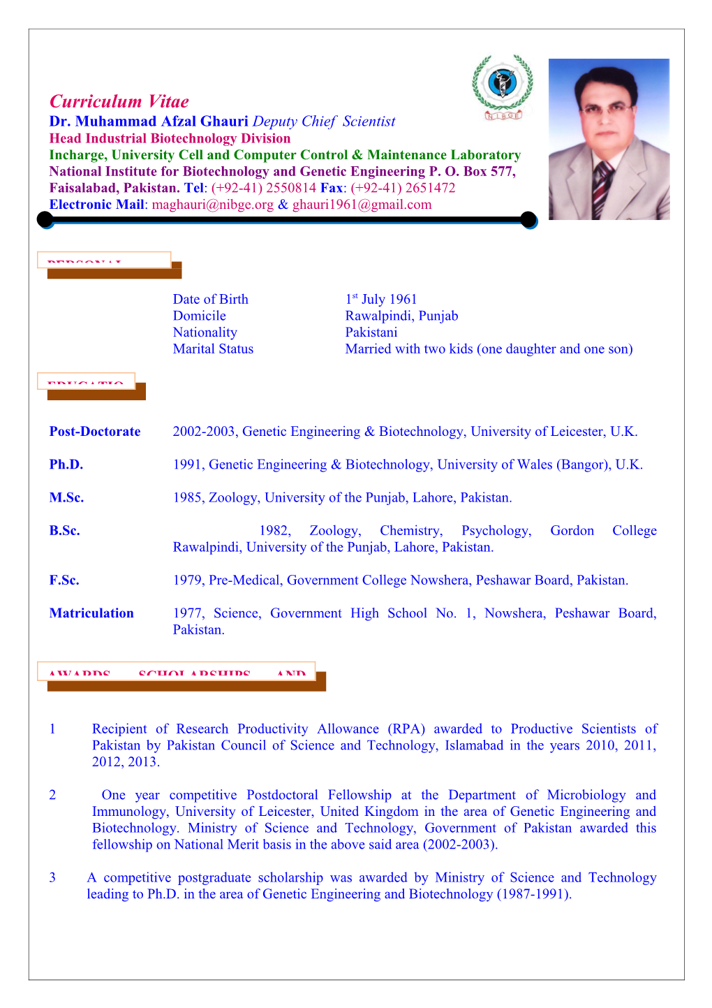 CV - Dr. M. Afzal Ghauri, NIBGE, Faisalabad