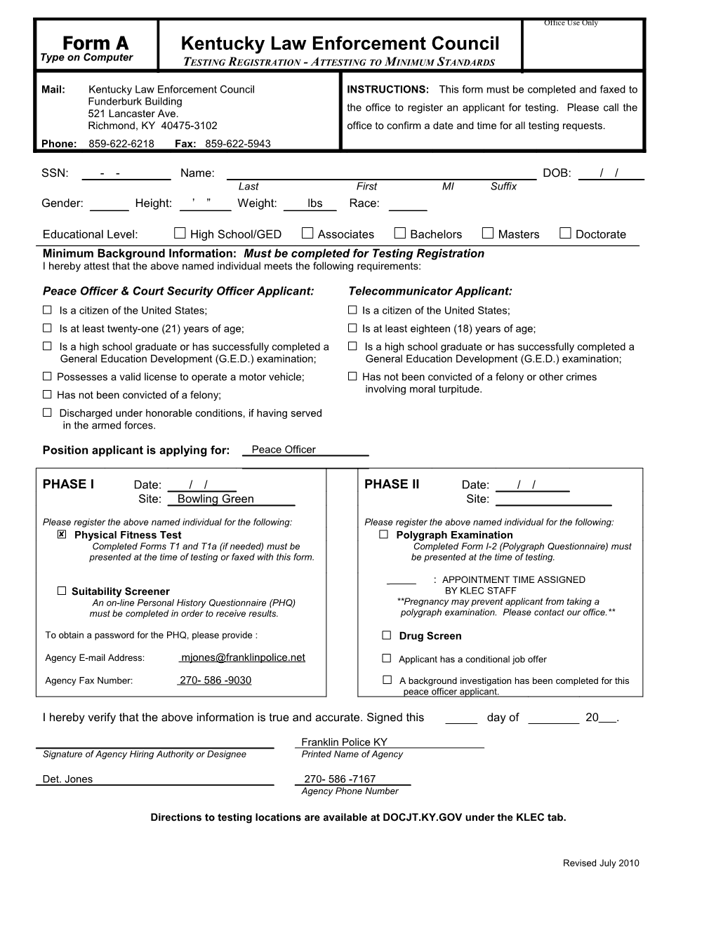 Minimum Background Information: Must Be Completed for Testing Registration