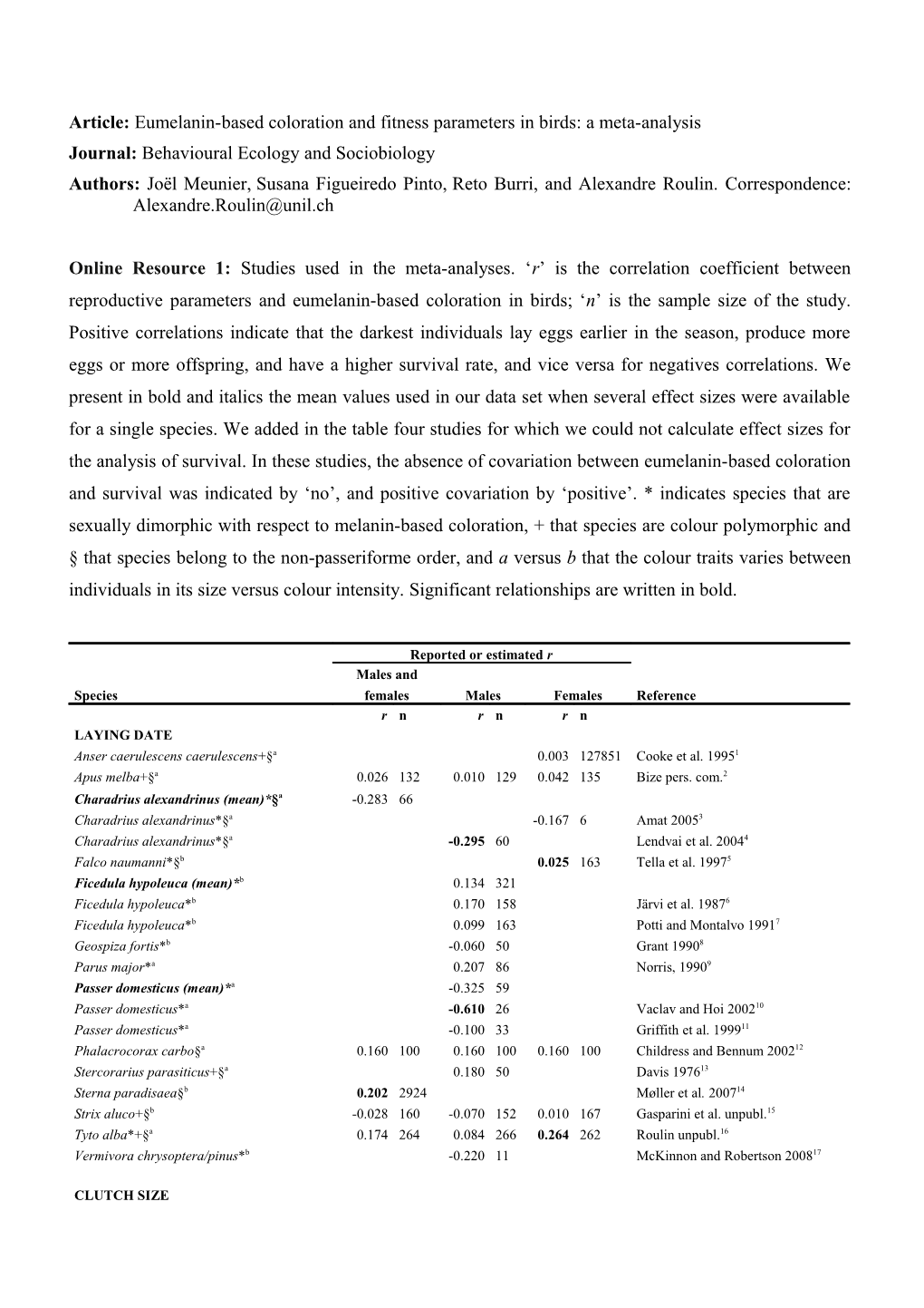 Article:Eumelanin-Based Coloration and Fitness Parameters in Birds: a Meta-Analysis