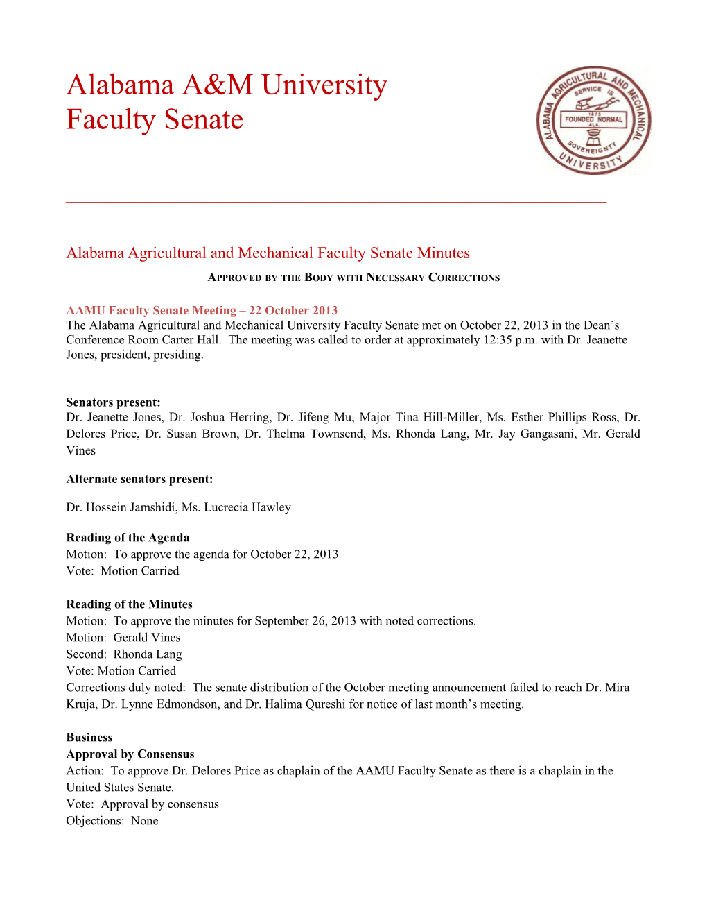 Alabama Agricultural and Mechanical Faculty Senate Minutes