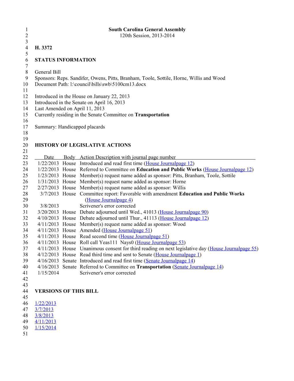 2013-2014 Bill 3372: Handicapped Placards - South Carolina Legislature Online