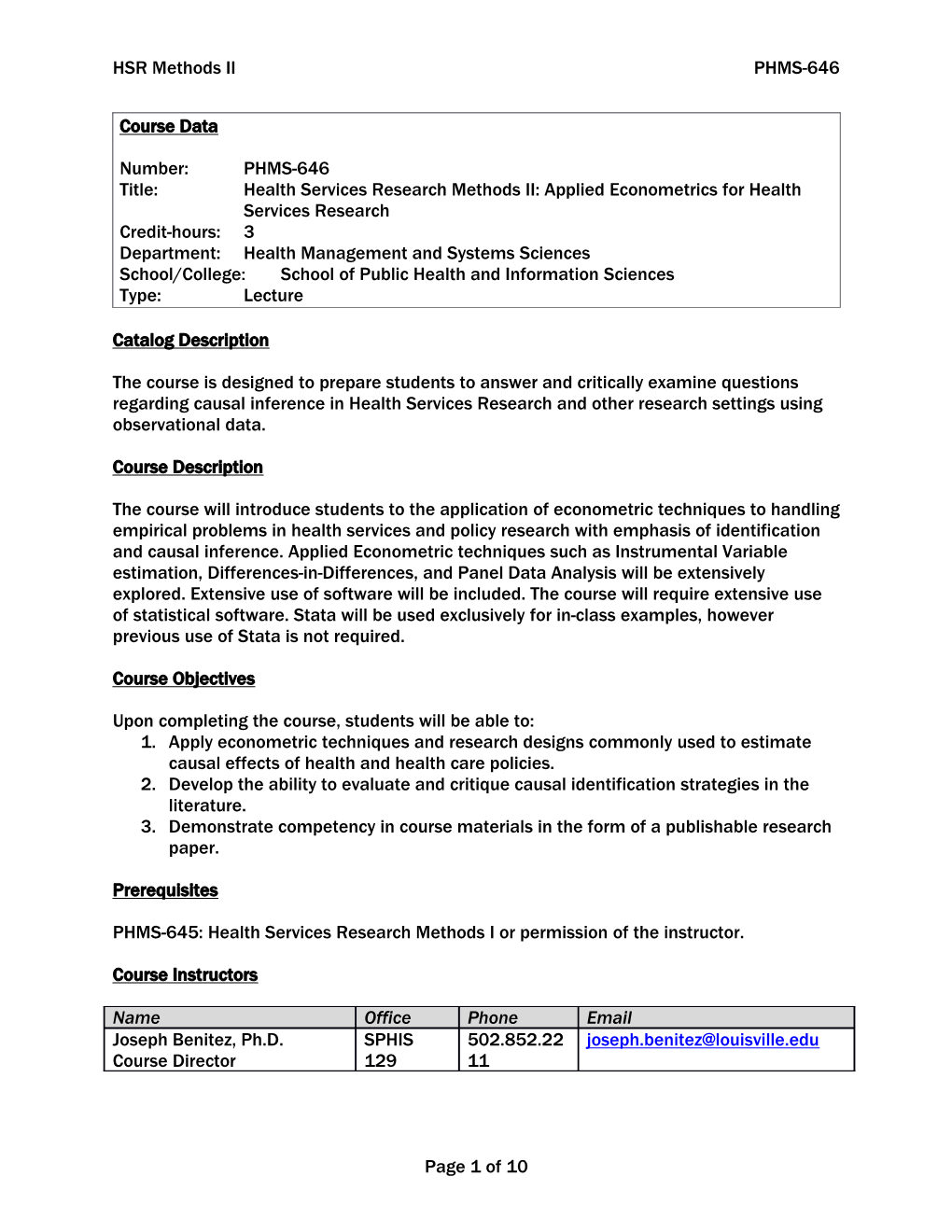 PHMS-646 Health Services Research Methods II Syllabus Proposed