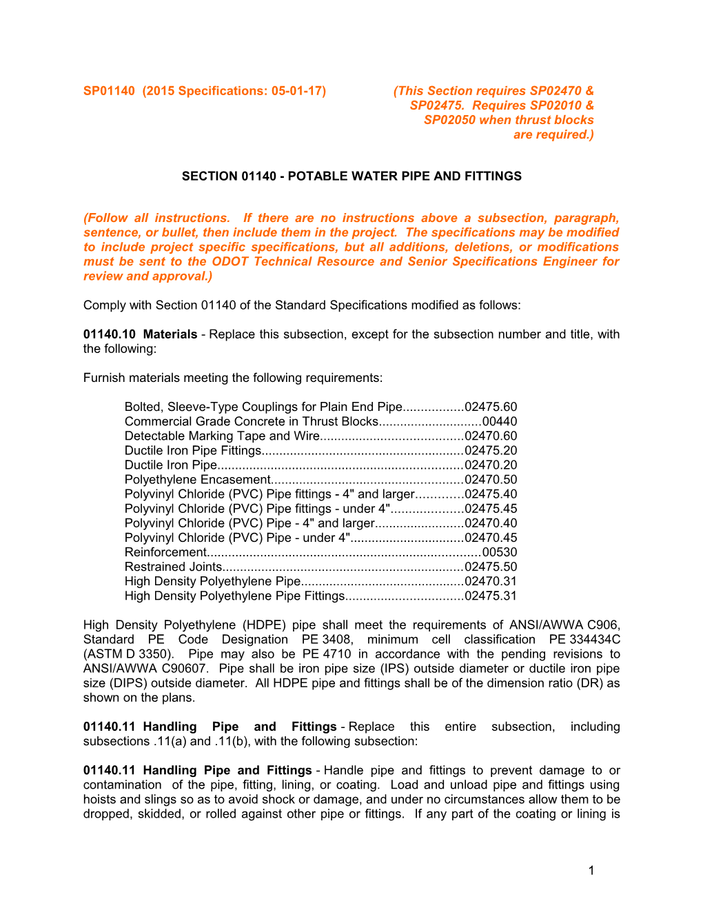 Section 01140-Potable Water Pipe and Fittings