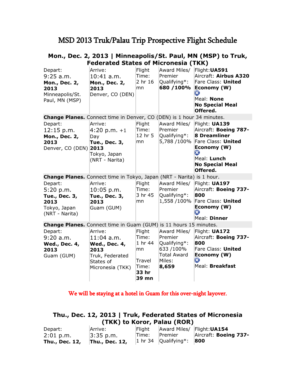 MSD 2013 Truk/Palau Trip Prospective Flight Schedule