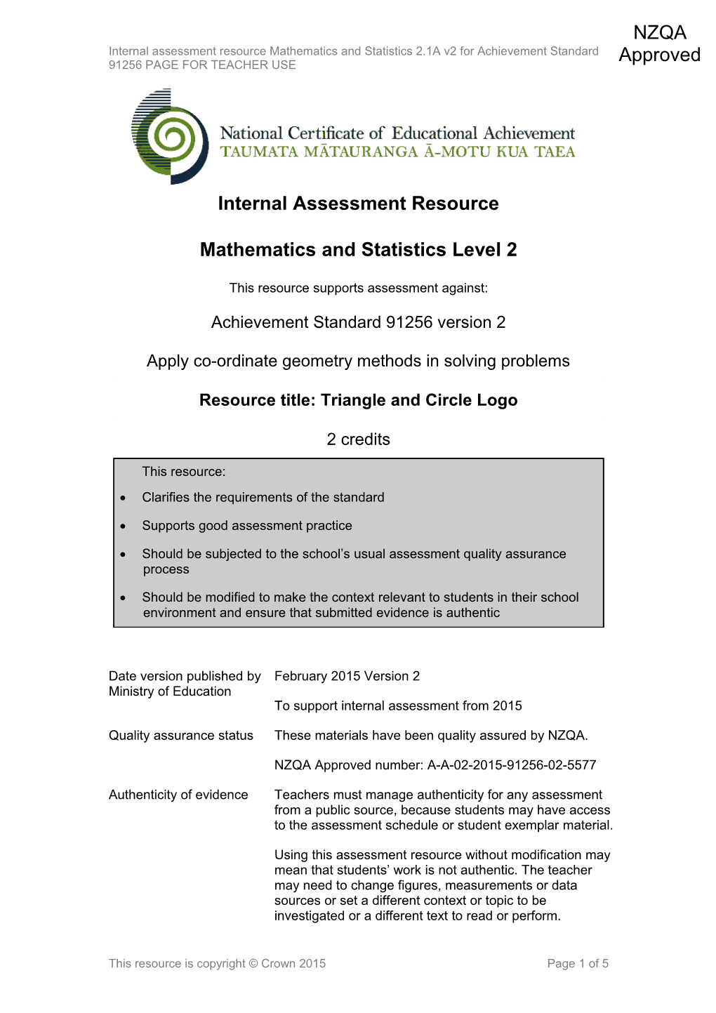 Level 2 Mathematics Internal Assessment Resource