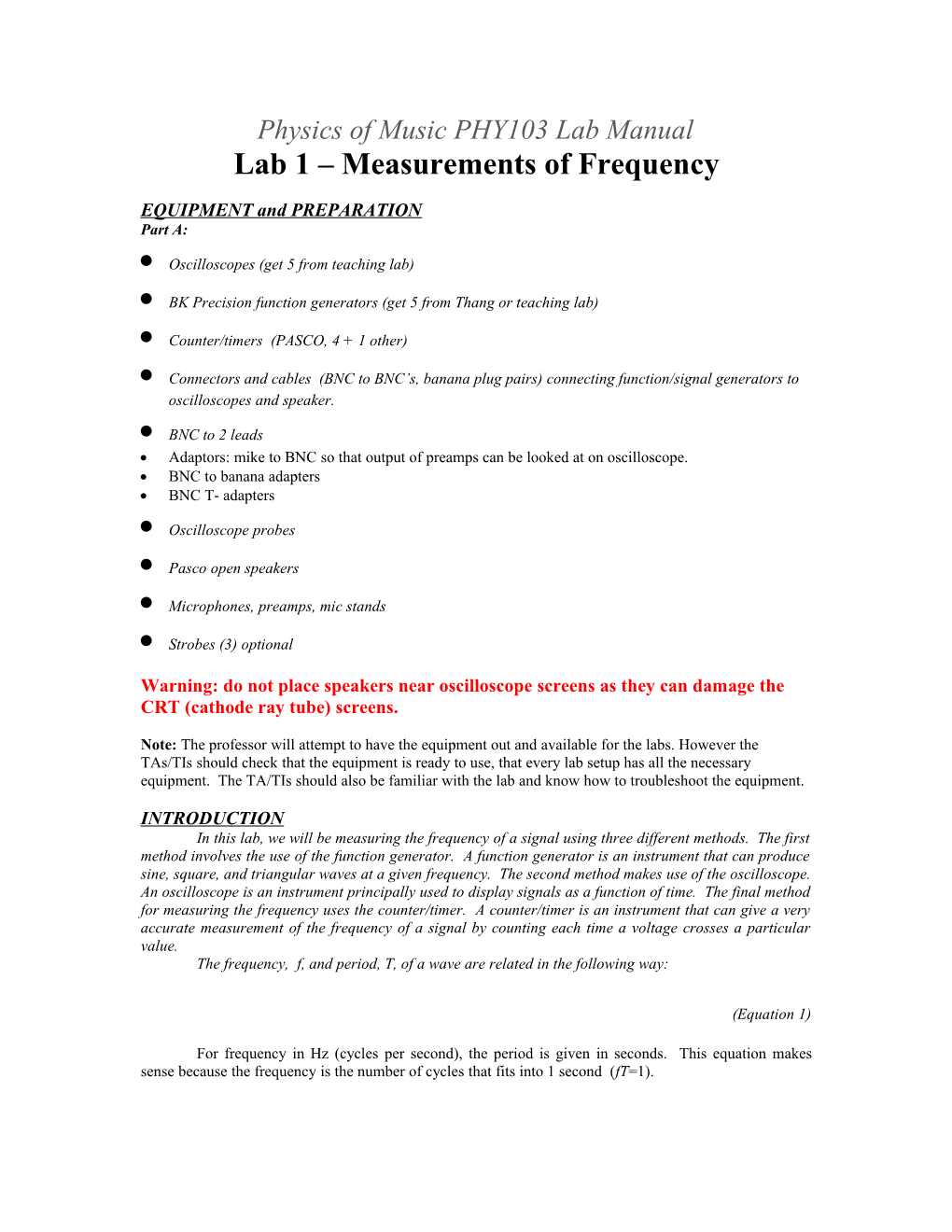 Physics of Music PHY103 Lab Manual