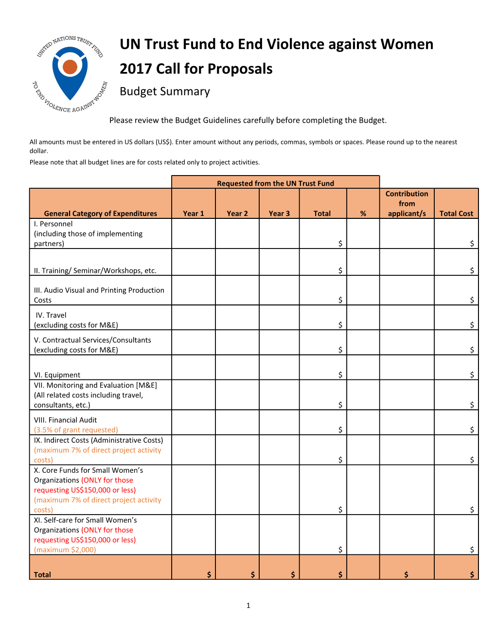 Please Review the Budget Guidelines Carefully Before Completing the Budget