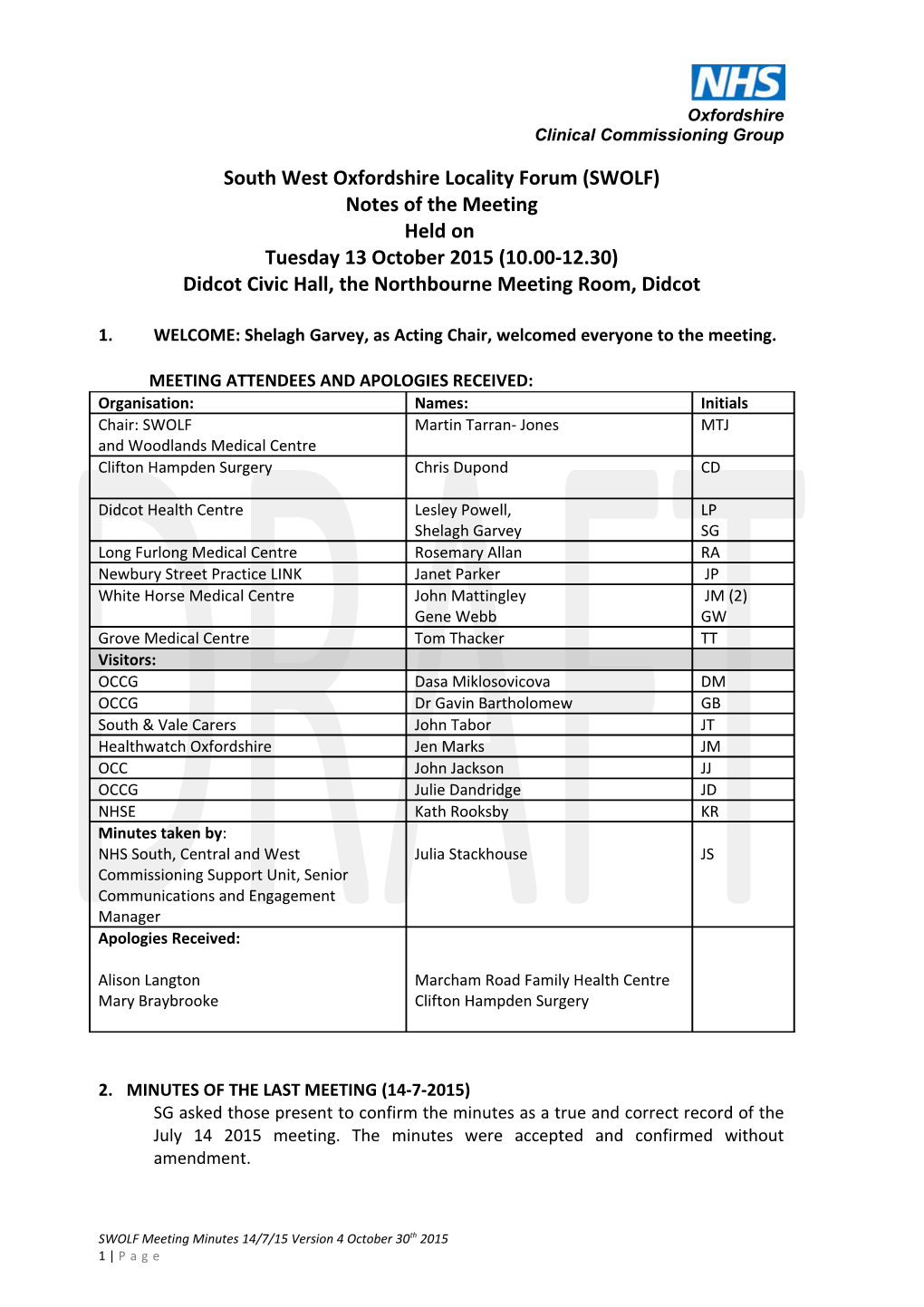 South West Oxfordshire Locality Forum (SWOLF)