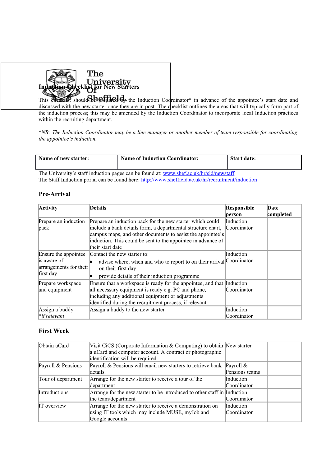 Induction Checklist for New Starters