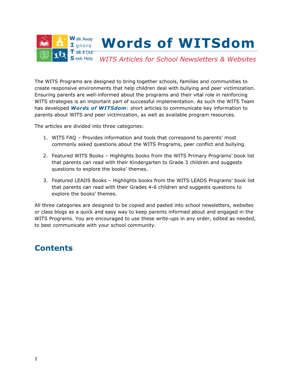 WITS Articles for School Newsletters & Websites