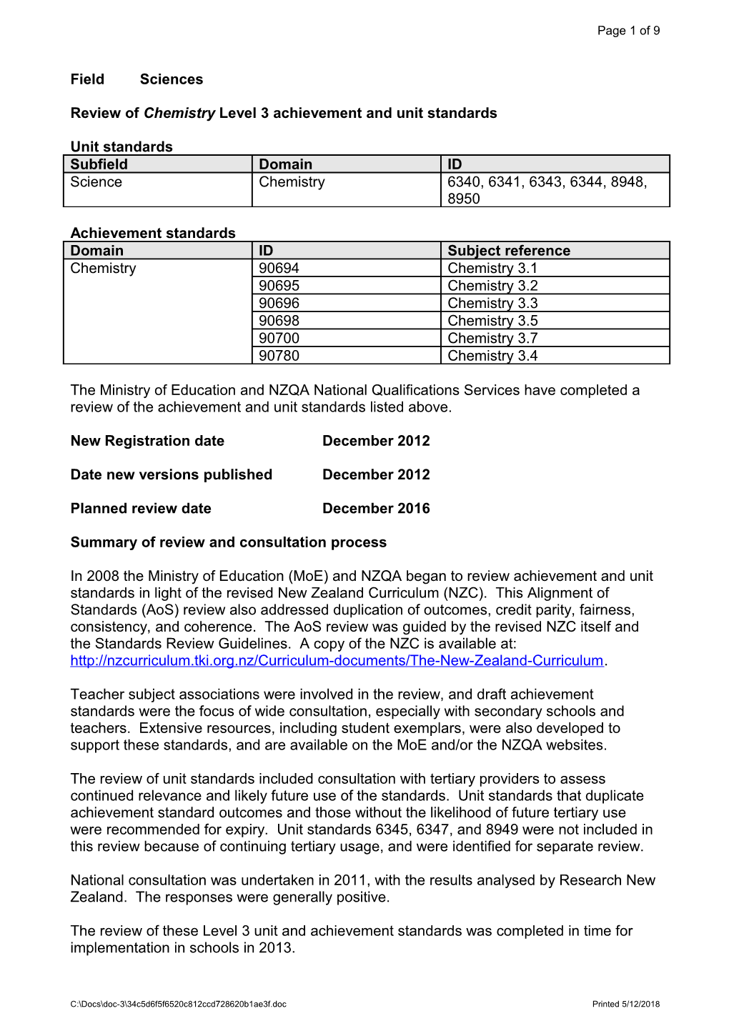 Review of Chemistry Level 3 Achievement and Unit Standards