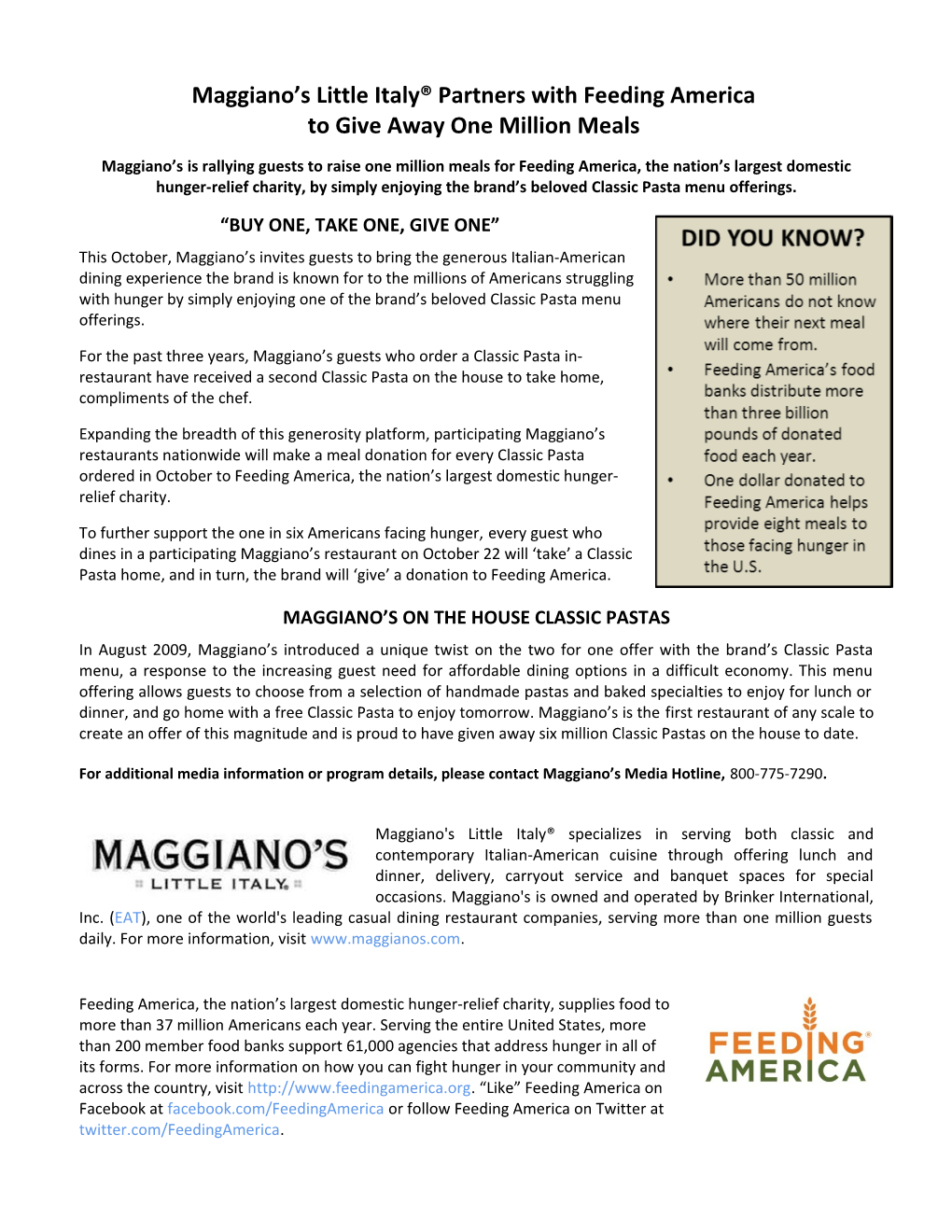 Maggiano S Little Italy Partners with Feeding America
