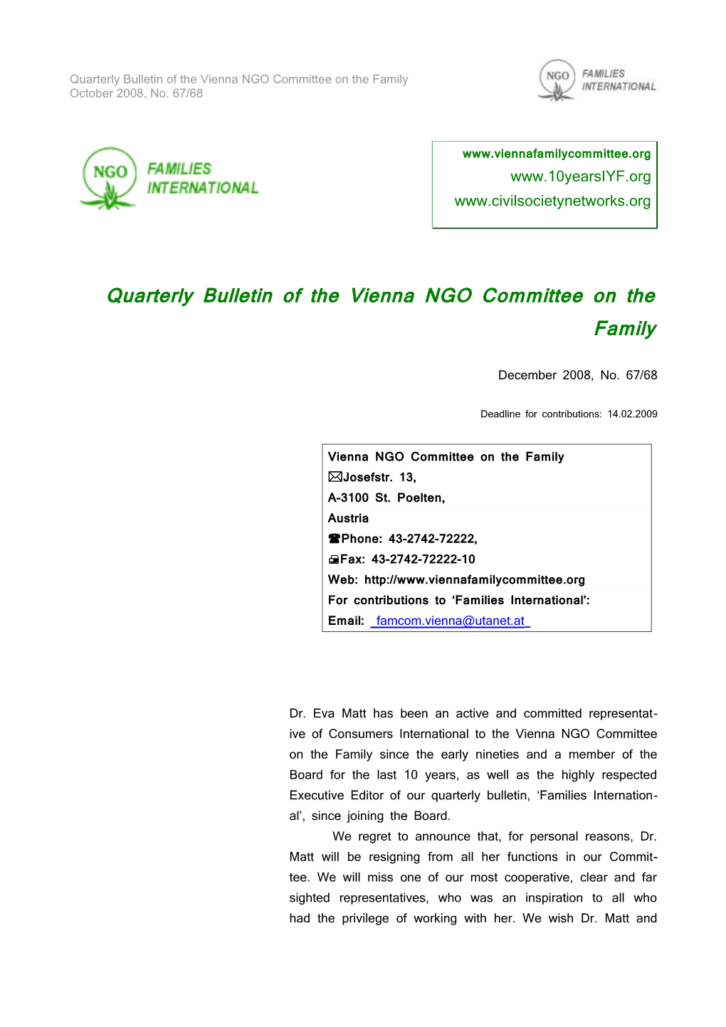 Quarterly Bulletin of the NGO Committee on the Family