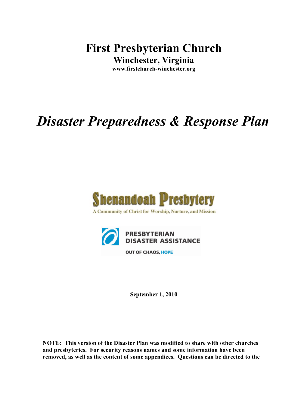 First Presbyterian Church Disaster Preparedness and Response Plan
