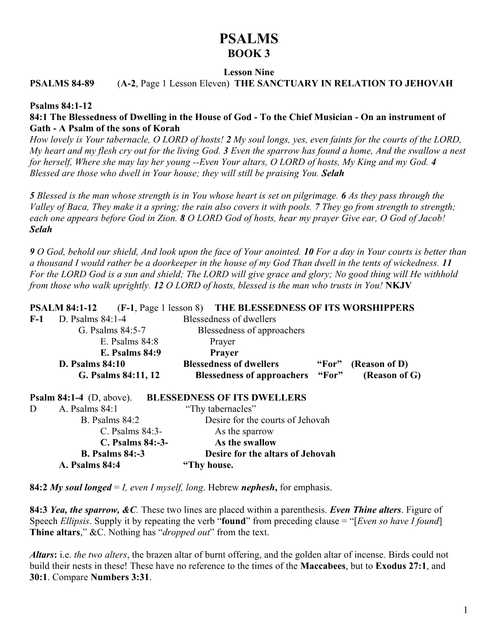 PSALMS 84-89(A-2, Page 1 Lesson Eleven)THE SANCTUARY in RELATION to JEHOVAH