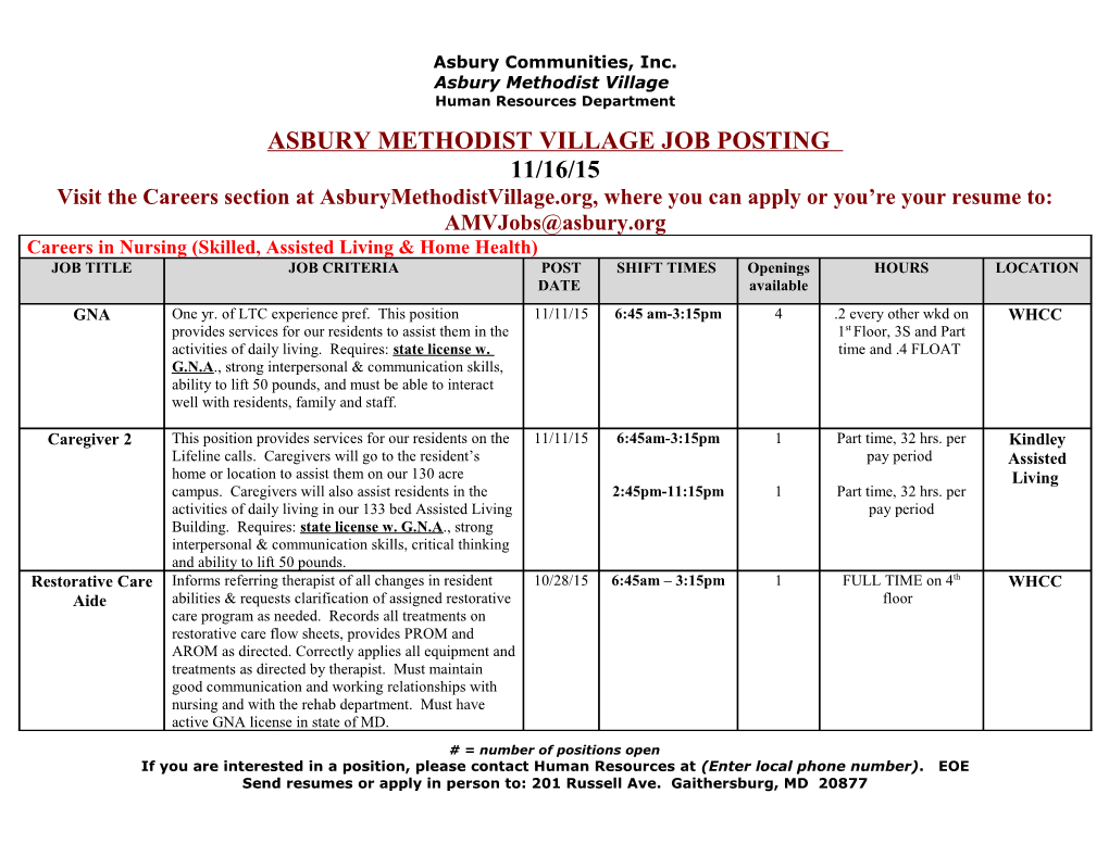 Asbury Methodist Village Job Posting