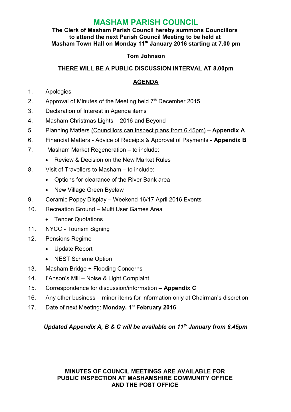 The Clerk of Masham Parish Council Hereby Summons Councillors